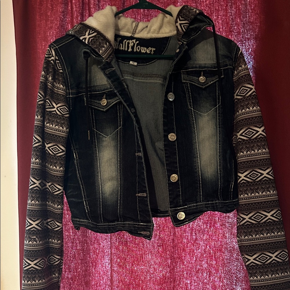 Wallflower Black Denim Jacket with Patterned Sleeves